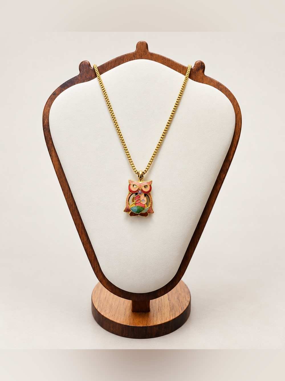 Cloisonné Owl Pendant Necklace Gold Tone Chain